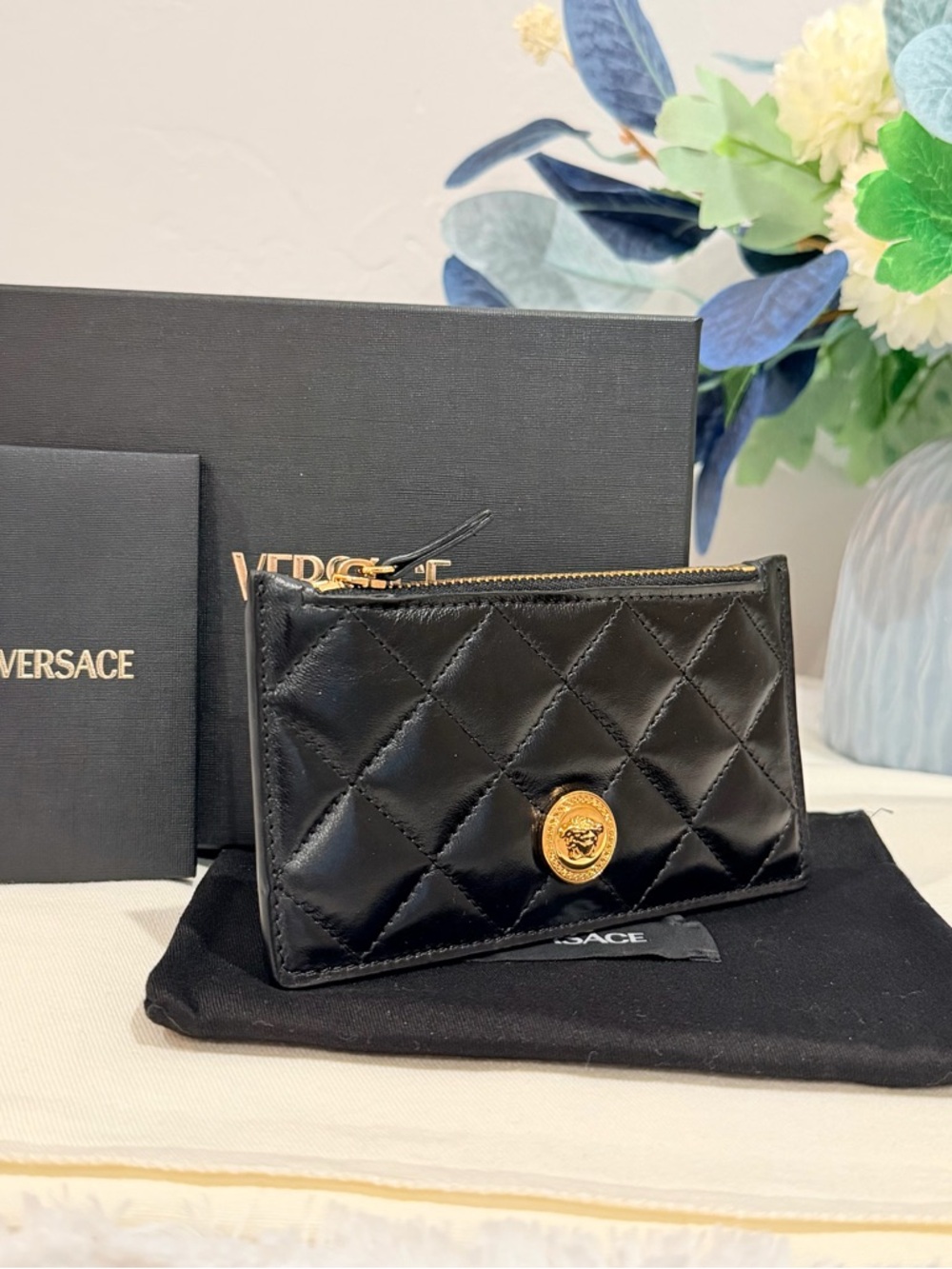 Versace Quilted Lambskin Leather La Medusa Card Wallet